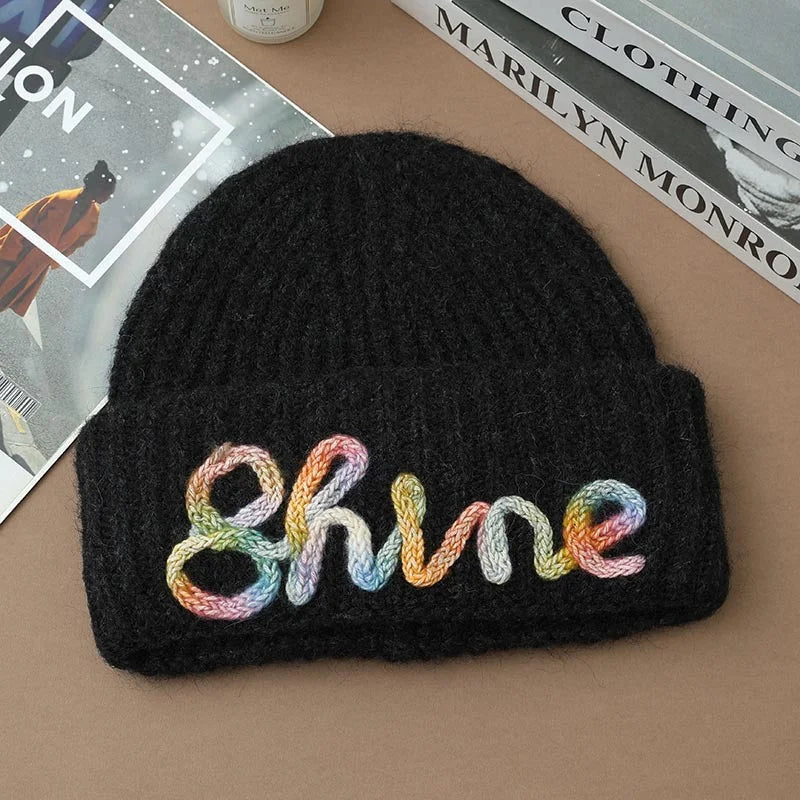 Shine Embroidered Beanie | Cozy Winter Knit Hat with Colourful Lettering