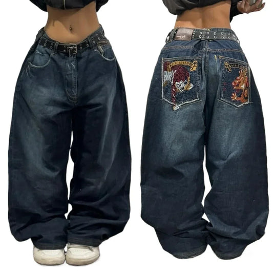 Y2K Embroidered Pocket Baggy Jeans | Retro Wide-Leg Denim Pants