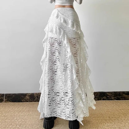 Y2K Lace Maxi Skirt | High Waist Gothic Fairycore Skirt with Sheer Layering