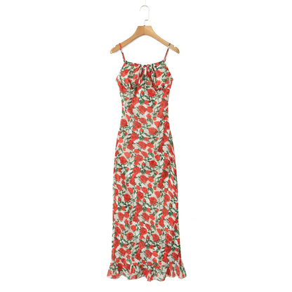Midi dresses for women 2025 Summer bodycon dresses sexy vintage clothes dress elegant black dress front tie vintage floral dress