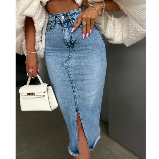 Y2K High Waist Denim Midi Skirt | Vintage Split Hem Jean Skirt