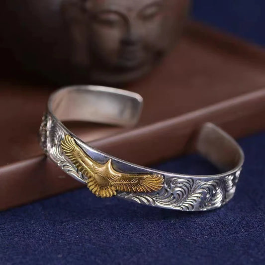 Silver and Gold Eagle Bracelet | Engraved Cuff Bangle with Vintage Design