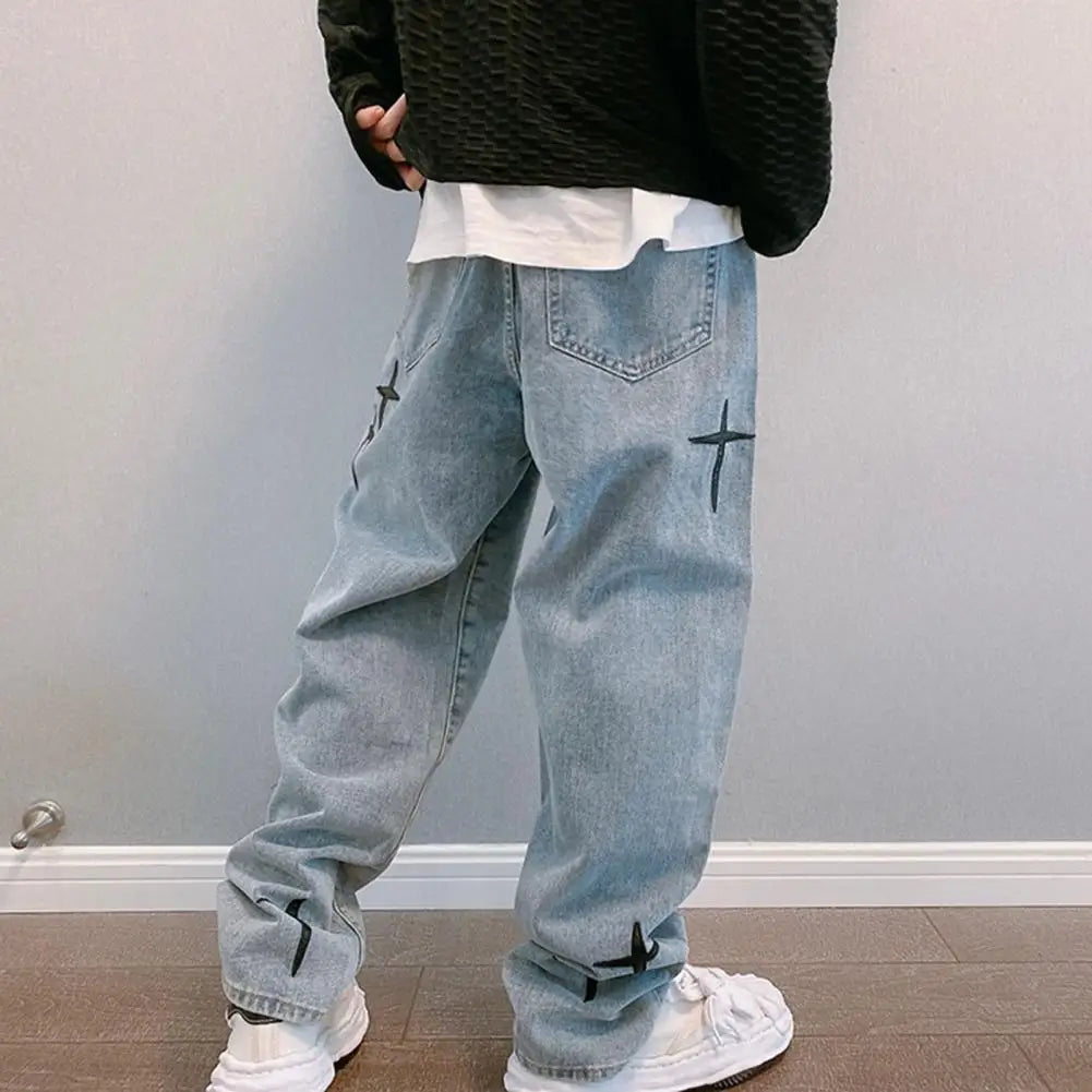 Y2K Cross Embroidery Baggy Jeans | Light Blue Streetwear Denim