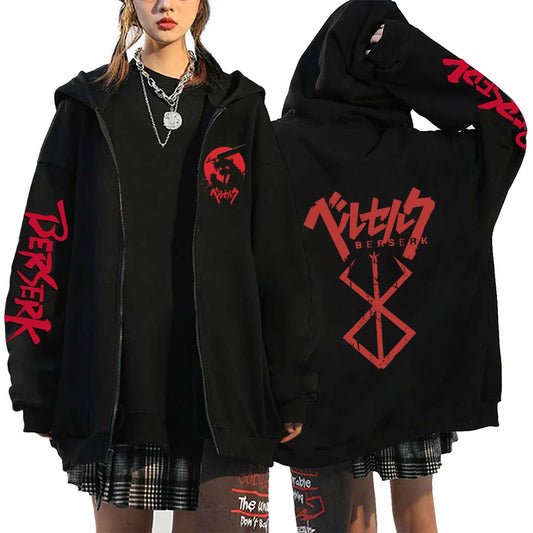Berserk Hoodie | Black Oversized Zip Up Hoodie with Red Anime Graphic Print