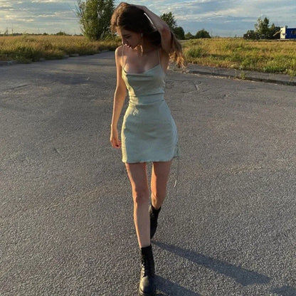 Mint Green Satin Slip Dress | Y2K Spaghetti Strap Mini Dress Summer Streetwear