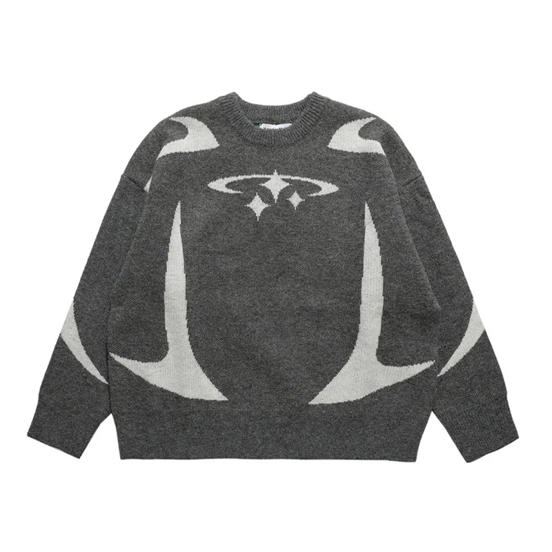 Y2K Abstract Star Pattern Sweater | Black & Gray Retro Knit Pullover