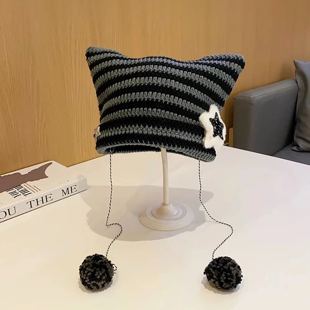 Striped Knit Beanie Hat | Y2K Star Patch Winter Hat with Pom Pom Ties