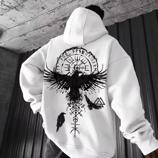 Viking Eagle Hoodie | White Oversized Hoodie with Norse Symbol and Graphic Print