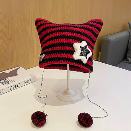 Striped Knit Beanie Hat | Y2K Star Patch Winter Hat with Pom Pom Ties