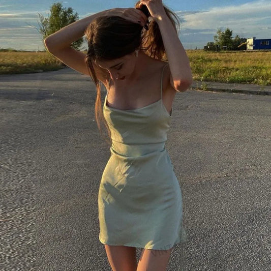 Mint Green Satin Slip Dress | Y2K Spaghetti Strap Mini Dress Summer Streetwear