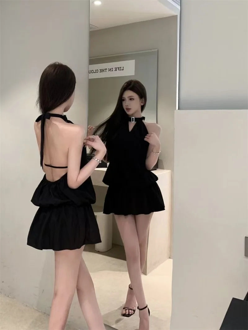 V Neck Mini Dress | Sleeveless Layered Chiffon Dress with Open Back