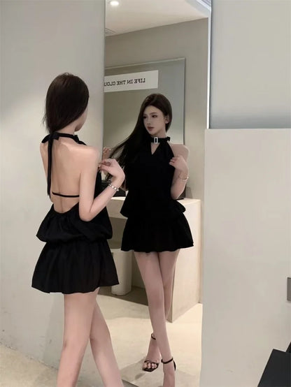 V Neck Mini Dress | Sleeveless Layered Chiffon Dress with Open Back