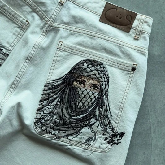 Y2K White Graphic Denim Shorts | Retro Embroidered Pocket Shorts