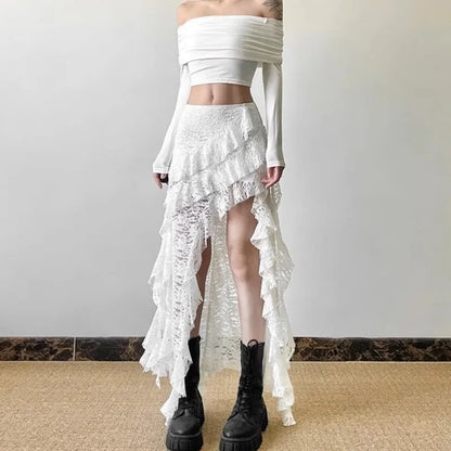Y2K Lace Maxi Skirt | High Waist Gothic Fairycore Skirt with Sheer Layering