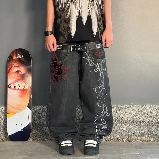 Y2K Black Dragon Embroidered Jeans | Gothic Streetwear Denim with Cross & Flame Details