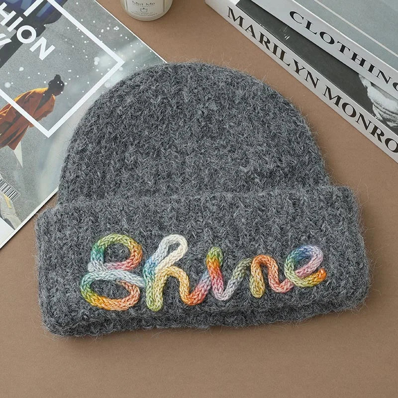 Shine Embroidered Beanie | Cozy Winter Knit Hat with Colourful Lettering