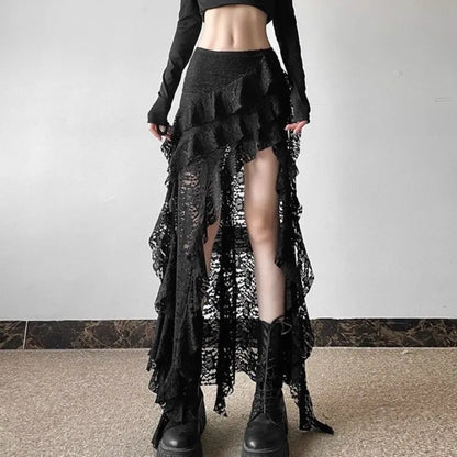 Y2K Lace Maxi Skirt | High Waist Gothic Fairycore Skirt with Sheer Layering