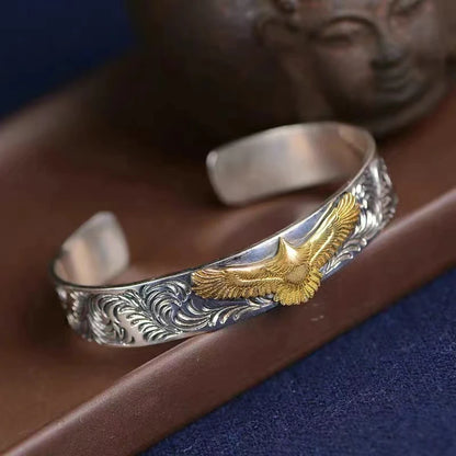 Silver and Gold Eagle Bracelet | Engraved Cuff Bangle with Vintage Design