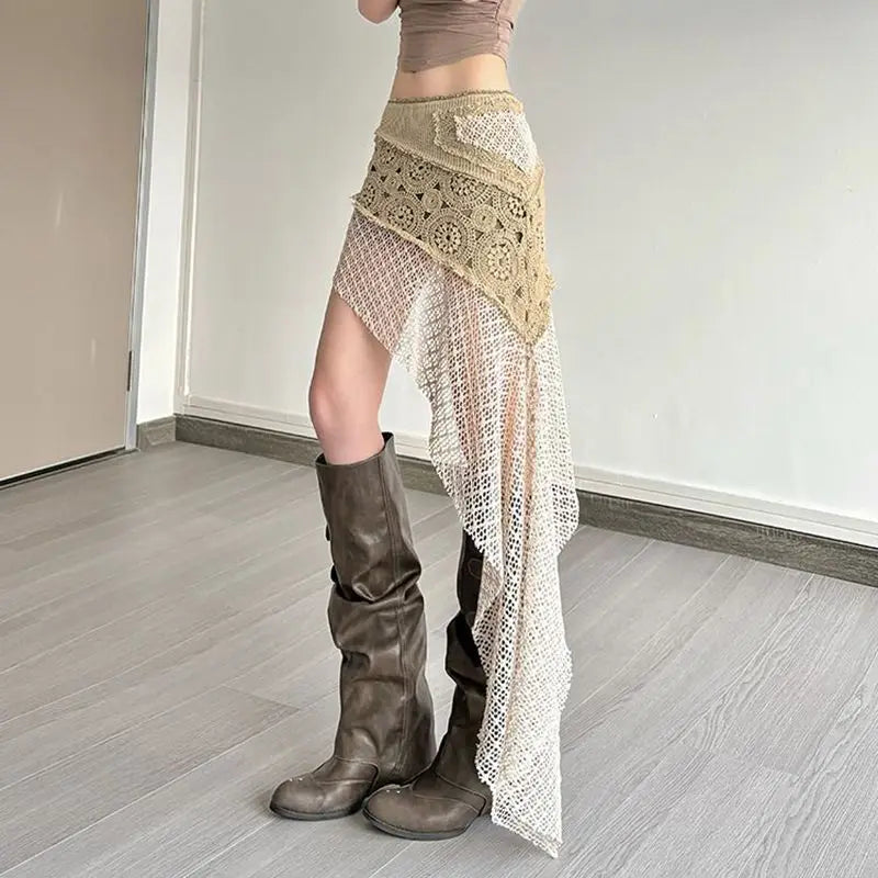 Y2K Crochet Mini Skirt | Asymmetrical Knit Beach Cover Up Skirt