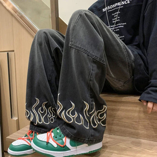 Y2K Flame Embroidered Wide Leg Denim Jeans | Loose Fit Streetwear