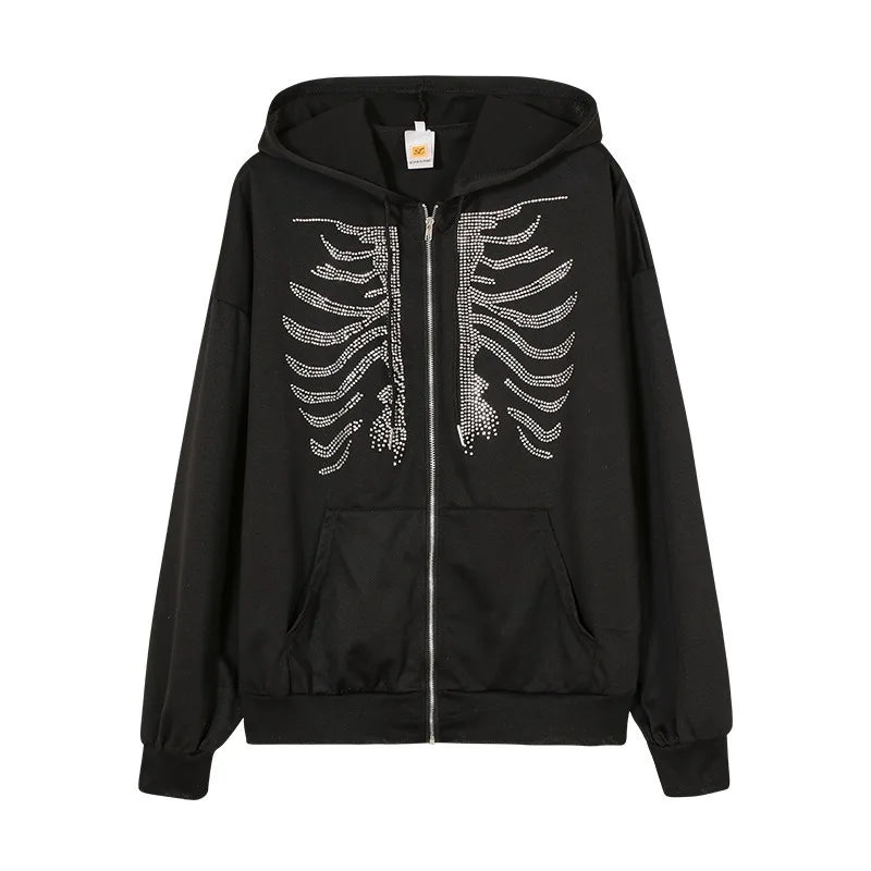 Y2K Rhinestone Skeleton Hoodie | Zip Up Hoodie with Crystal Bone Design