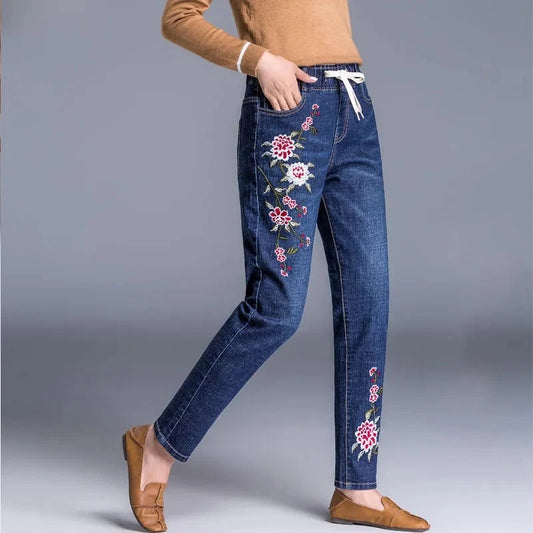Women’s Embroidered Denim Jeans | Vintage Straight Leg Casual Pants with Floral Detailing