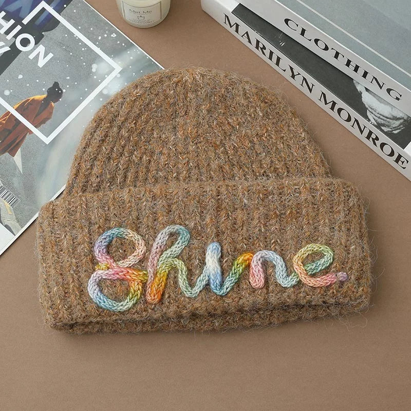 Shine Embroidered Beanie | Cozy Winter Knit Hat with Colourful Lettering