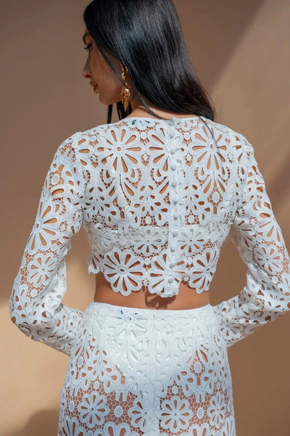 Y2K Lace 2 Piece | Sheer Crochet Long Sleeve Beach Cover Up