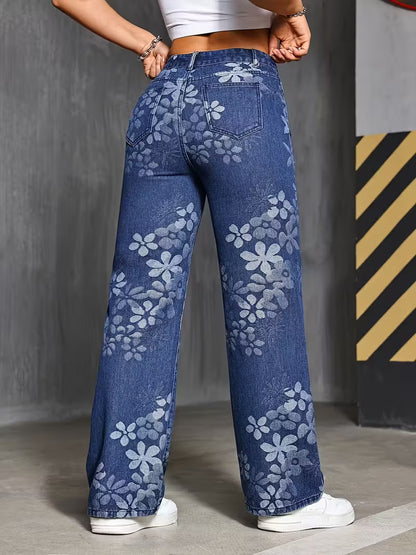 Straight Leg Jeans | Dark Wash Denim | All-Over Floral Print | Y2K 90s Aesthetic