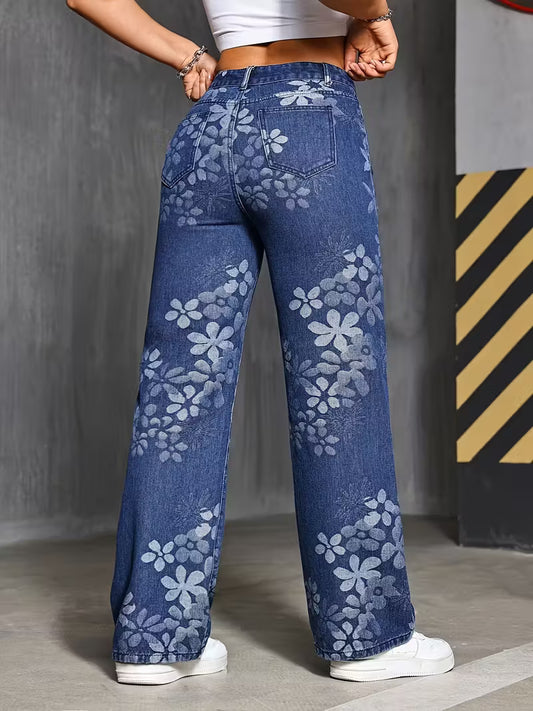 Straight Leg Jeans | Dark Wash Denim | All-Over Floral Print | Y2K 90s Aesthetic