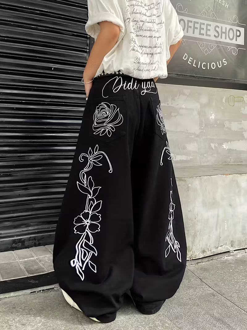Black Wide-Leg Jeans | White Rose & Floral Embroidery | Didi Yaa Design
