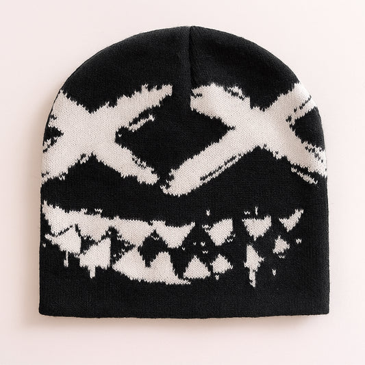Y2K Pattern Knit Beanie | Black & White Winter Streetwear Hat