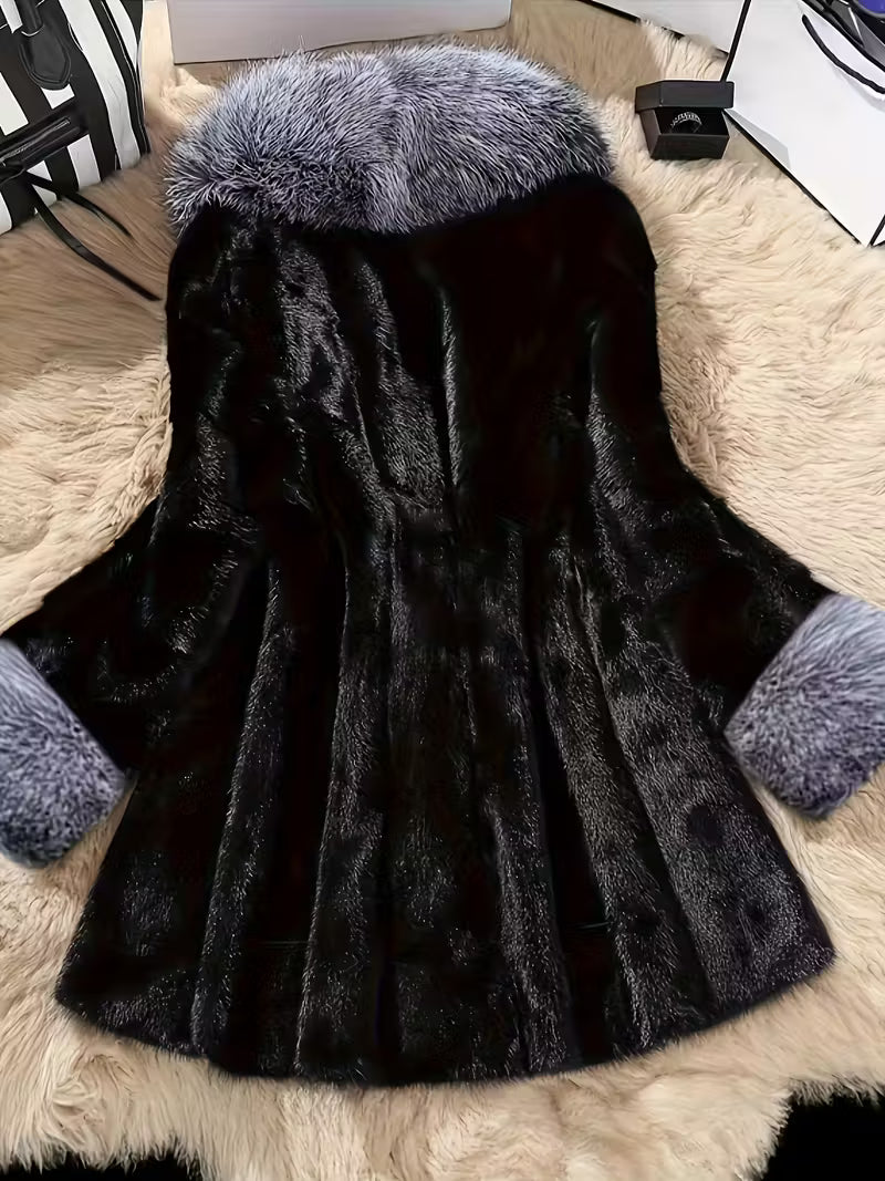 Luxury Faux Fur Coat | Black Winter Jacket with Silver Fox Collar & Cuffs