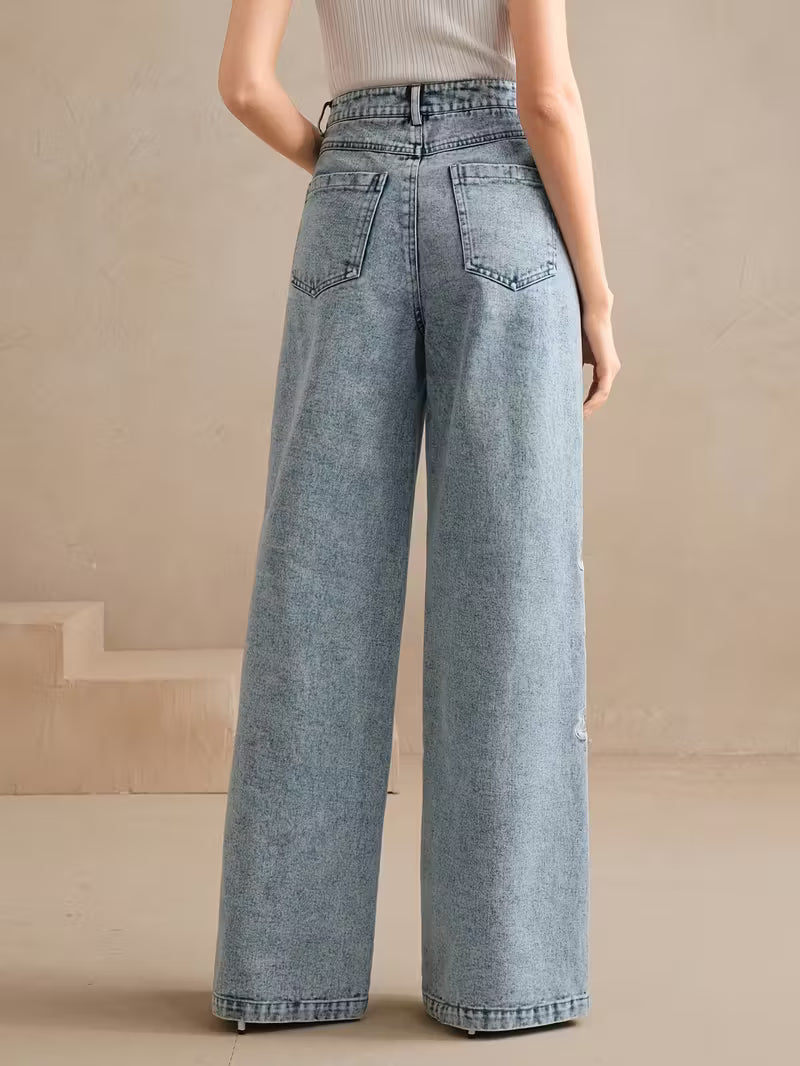 High-Waisted Straight Leg Jeans | Light Blue Denim with Floral Embroidery | Vintage Y2K Style