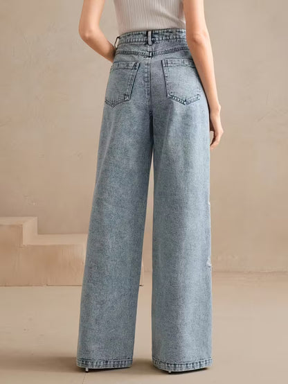 High-Waisted Straight Leg Jeans | Light Blue Denim with Floral Embroidery | Vintage Y2K Style