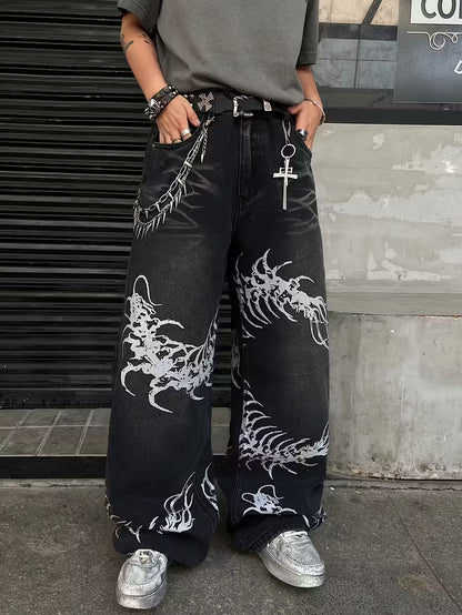 Black Wide-Leg Jeans | Silver Embroidered Centipede Design | Gothic Streetwear