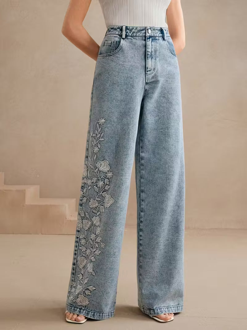 High-Waisted Straight Leg Jeans | Light Blue Denim with Floral Embroidery | Vintage Y2K Style