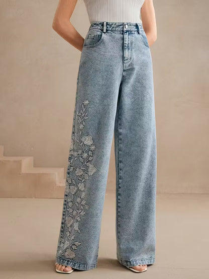 High-Waisted Straight Leg Jeans | Light Blue Denim with Floral Embroidery | Vintage Y2K Style