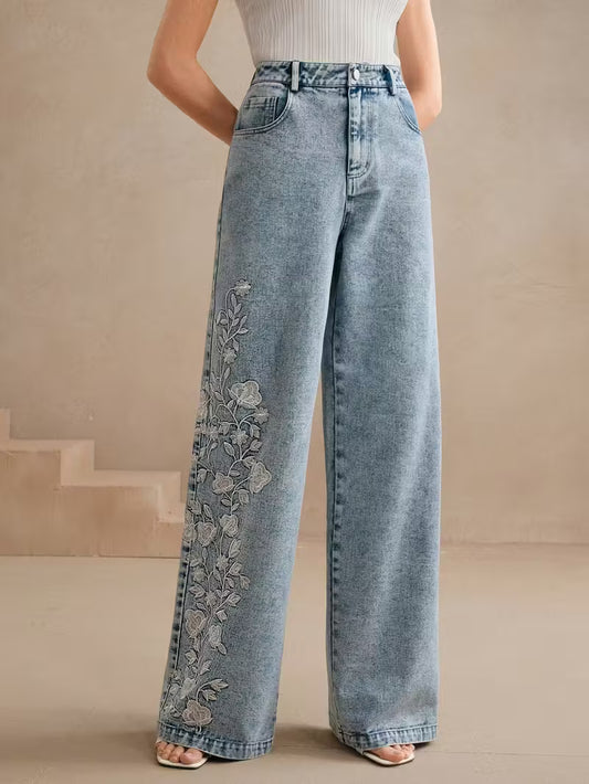 High-Waisted Straight Leg Jeans | Light Blue Denim with Floral Embroidery | Vintage Y2K Style