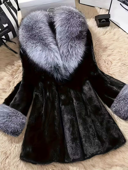 Luxury Faux Fur Coat | Black Winter Jacket with Silver Fox Collar & Cuffs