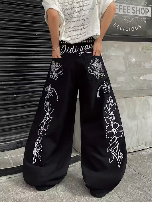 Black Wide-Leg Jeans | White Rose & Floral Embroidery | Didi Yaa Design