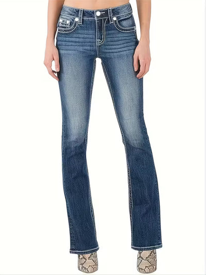 Bootcut Denim Jeans | Cross & Wing Embroidery on Back Pockets | Y2K Western Style
